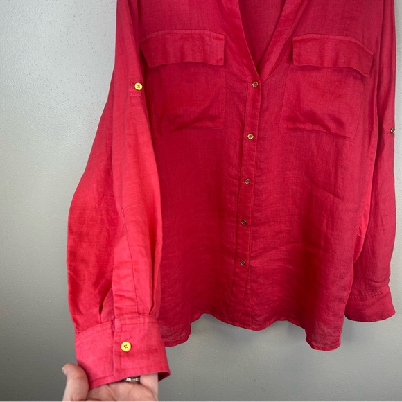 Calvin Klein XL/0X Women's Linen Vibrant Pink Coral Blouse Spring summer casual - Picture 7 of 11